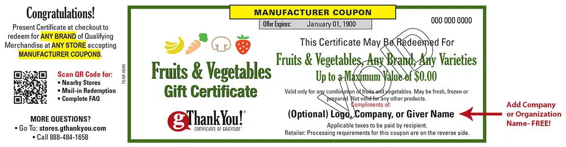 gThankYou! Fruits & Vegetables Gift Certificates can be personalized – for free!
